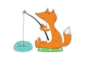 Fox fisherman. Cute fox catches fish by the lake. Animal, fishing. World Fisheries Day. Doodle, drawing. illustration on white isolated vector