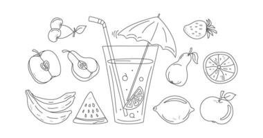 conjunto resumen frutas jugoso frutas todo y rebanadas jugo en vaso, Fruta cóctel. comida y bebidas resumen dibujos de frutas y bayas. playa bar. línea iconos Escribiendo. aquí es un ilustración vector