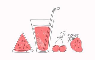 Juice in a glass, fruit cocktail. Food and drinks. Abstract drawings of fruits and berries. Beach bar. Strawberry, watermelon and cherry. Line icons with colored spots. Scribble. illustration vector