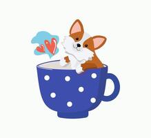 Dog in cup. Cartoon puppy. Hearts, Valentine's Day card design. illustration, white background isolated. vector