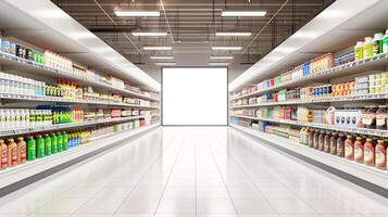 Grocery store aisle with blank product label mockup for grocery items photo