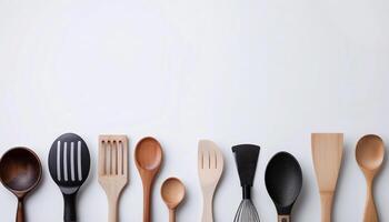 Bosquejo varios batería de cocina utensilios conjunto en blanco fondo, Copiar espacio para texto y logo foto