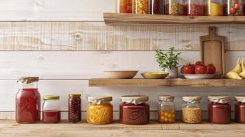 kitchen pantry with blank jar mockups for homemade preserves and sauces photo