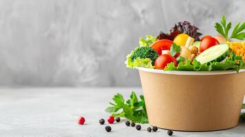 Take away salad in disposable craft paper bowl on white background, food concept mockup photo