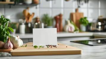 cooking show set with blank recipe card mockup for cooking demonstrations photo