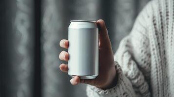 close-up of a person's hand holding a blank beverage can mockup photo