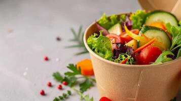 Take away salad in disposable craft paper bowl on white background, food concept mockup photo