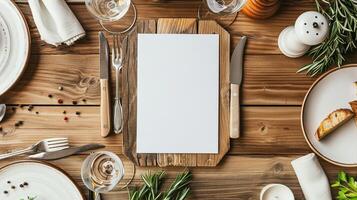 Table place setting blank menu card mockup or reserve in wedding invite and special event photo