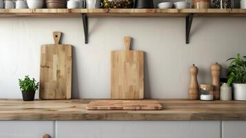 Chef's kitchen with blank cutting board mockups for food preparation photo