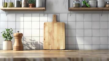 Chef's kitchen with blank cutting board mockups for food preparation photo