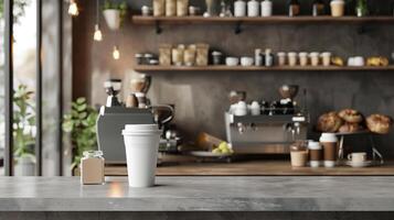 coffee shop counter with blank coffee cup mockup for hot beverages photo