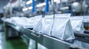 comida embalaje fábrica con blanco bolsa maquetas para sellado al vacío productos foto