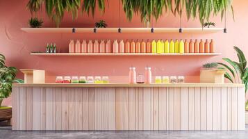 Cold press juice bar counter with blank bottle mockups for fresh juice blends photo