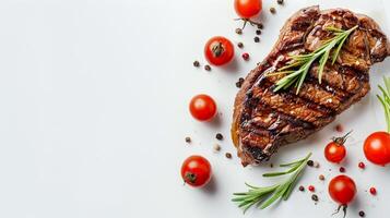 Design concept of mockup bbq steak set isolated on white background, copy space for text and logo photo