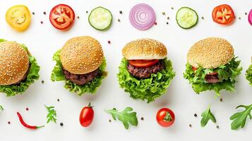 Top view of delicious burger and fresh vegetable ingredients on white background photo