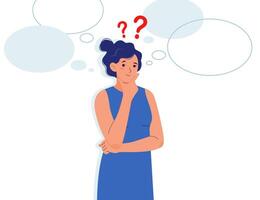 Young woman thinks. Woman with question marks and with blank speech bubbles vector