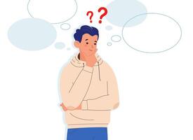 Young man thinks. Man with question marks and with blank speech bubbles vector