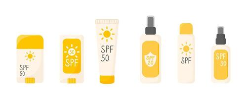 Sunscreen products in flat style. SPF stick, spray, cream isolated illustration. Design element. vector