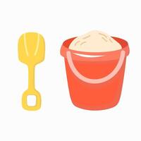 Red sand bucket and yellow kid shovel in flat style. Summer beach design elements. vector