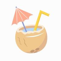 Coconut cocktail with straw and umbrella in flat style. Summer beach design elements. vector