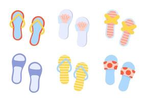 Cute colored slippers, flip flops set. Summer beach design elements. vector