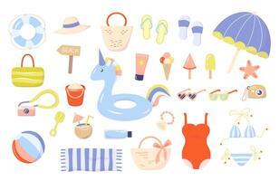 Summer beach cute set design elements. Bright hand drawn sticker in flat style for summer holiday. Icon cartoon collection vector