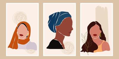 Set of modern faceless abstract ethnic groups woman trendy minimalist poster vector