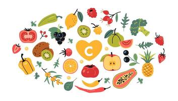 Set with Best sources of vitamin C foods, cartoon style. Fruits, vegetables and berries. Isolated illustration, hand drawn, flat design vector