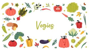 Frame with Vegetables in cartoon style. Healthy eating, fresh food, Collection of farm products. Trendy modern illustration isolated on white background, hand drawn, flat design vector