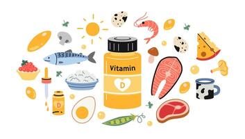 A jar of vitamin D in tablets or capsules and foods enriched with it. Sea food, fish, meat, dairy products, eggs and vegetables set. Isolated illustration, hand drawn, flat vector