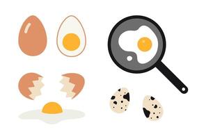 Different types of eggs, raw and boiled, chicken and quail eggs, scrambled eggs in a frying pan, cartoon style. illustration isolated on white background, hand drawn, flat design vector