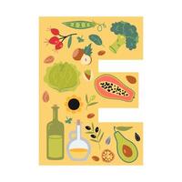 Vitamin E sources food in E letter shape. Fruits, vegetables, nuts, berries and oils set. Isolated cartoon illustration, flat vector