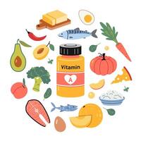 A jar of vitamin A in tablets or capsules and foods enriched with it. Fruits, vegetables, fish, meat, dairy products and eggs set. Circular composition. Isolated illustration, hand drawn, flat vector