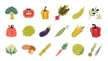 Vegetables set in cartoon style. Healthy eating, fresh food, Collection of farm products. Trendy modern illustration isolated on white background, hand drawn, flat design vector
