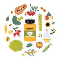 A jar of vitamin E in tablets or capsules and foods enriched with it. Fruits, vegetables, nuts, berries and oil set. Circular composition. Isolated illustration, hand drawn, flat vector