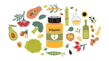 A jar of vitamin E in tablets or capsules and foods enriched with it. Fruits, vegetables, nuts, berries and oil set. Isolated illustration, hand drawn, flat vector