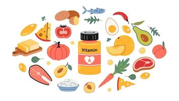 A jar of vitamin A in tablets or capsules and foods enriched with it. Fruits, vegetables, fish, meat, dairy products and eggs set. Isolated illustration, hand drawn, flat vector