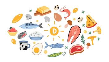 Best sources of vitamin D foods, cartoon style. Sea food, fish, meat, dairy products, eggs and vegetables set. Isolated illustration, hand drawn, flat design vector