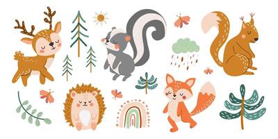 Set of cute forest animals. Illustration in hand drawn style. Deer, squirrel, skunk, hedgehog, fox, trees, Christmas trees in flat style. Children's background, banner, poster. vector