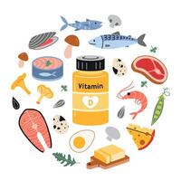 A jar of vitamin D and foods enriched with it. Sea food, fish, meat, dairy products, eggs and vegetables set. Circular composition. Isolated illustration, hand drawn, flat vector