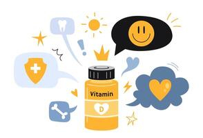 Vitamin D benefits, jar of tablets and speech bubble. Support of the immune, cardiovascular system, good mood, healthy teeth and bones. Isolated cartoon illustration, flat vector