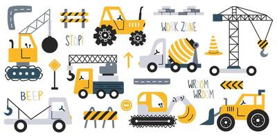 Collection of cute construction vehicles. Kids set with tractor, truck, concrete mixer, excavator, road wear and lettering. Set of cars in Scandinavian style. Doodle style cars. vector