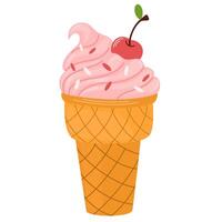 Ice-cream swirl in wafer cone. Summer frozen dessert, takeaway ice cream with cherry flavor. Cold cool sugar snack. illustration isolated vector