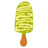 Matcha green tea ice cream on wooden stick. Japanese organic ice-cream bar with sesame seeds. Asian vegan frozen dessert. Vegetarian food. illustration isolated vector