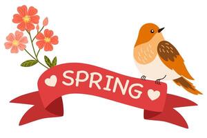 Spring label with season quotes, bird, ribbon. Hand drawn spring illustration. vector