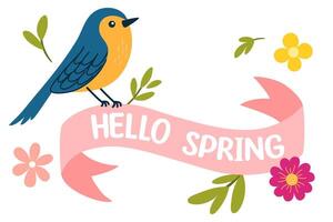 Spring label with season quotes, bird, ribbon. Hand drawn spring illustration. vector