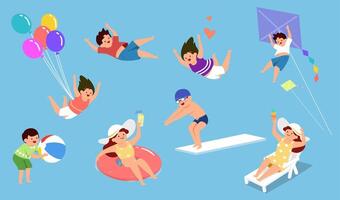 Flat illustration of kids doing different aquatic activities on blue background vector