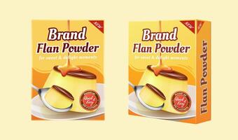 Flan powder package design mockup set in 3d illustration isolated on light yellow background vector