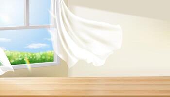 3D Illustration of an empty wooden table top indoors with wind blowing in from a window and curtains flying on a sunny day. Design used to display a product vector