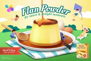 Flan powder ad. 3D Illustration of a custard pudding on plate drizzled with caramel syrup with miniature kids playing around the dessert on picnic plaid on grass background vector